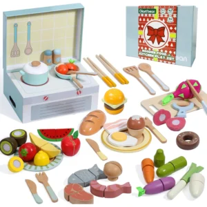 =Premium Wooden Play Food Set - 78PCS Kitchen Cutting Toy
