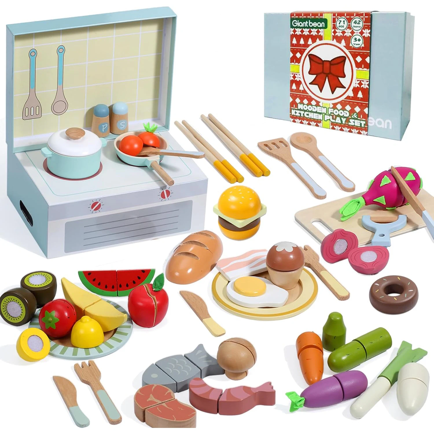 =Premium Wooden Play Food Set - 78PCS Kitchen Cutting Toy